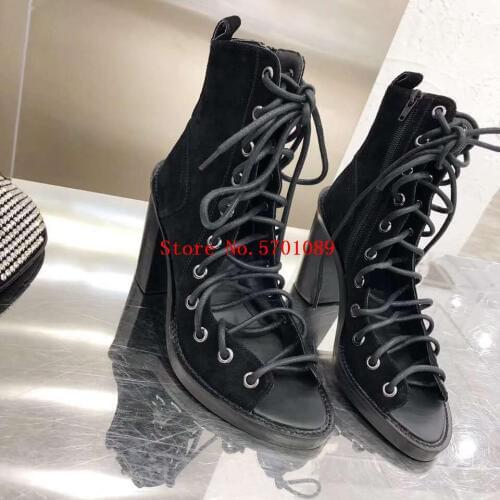 Women Black Genuine Leather Suede Lace-up Sandals Paris Fashion Week Runway Lace-up Sandals Open Toe Shoes