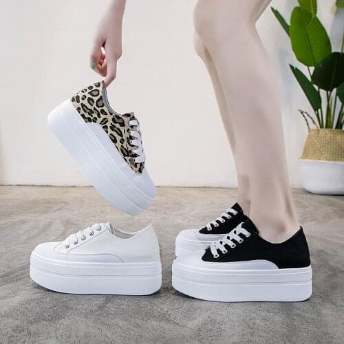 New Leopard print womens breathable canvas increased walking shoes thick bottom Korean genuine leather sneakers women