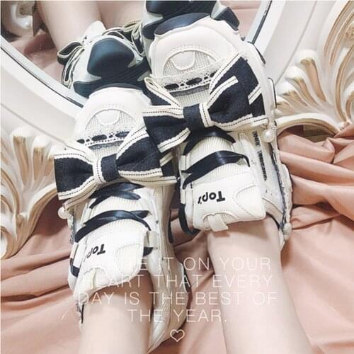 Womens Lace Bowknot Lolita Sneakers Lace Up Platform Chunky Heel White Sweet Mary Jane Shoes Cosplay Match Colors New 2021MA1