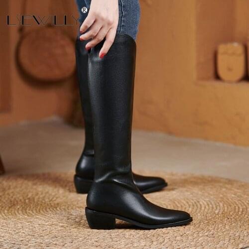 Lsewilly 2021 Big Size 32-43 Knee High Boots Thick Heels Pointed Toe Winter Boots Comfortable Women Boots Black Silver Beige