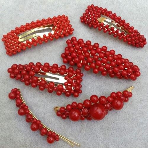 5pcs 2019 Fashion Hair Accessories Geometric Red Beads Hair Clip For Women Handmade Braided Imitiation Pearl Barrettes Hairgrip
