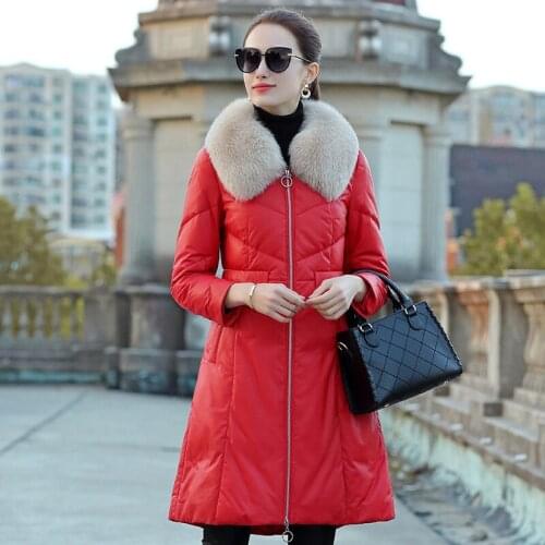 Sheepskin Female Fox Fur Collar Down Winter Coat Women Real Leather Jacket Warm Long Jackets Chaqueta Mujer