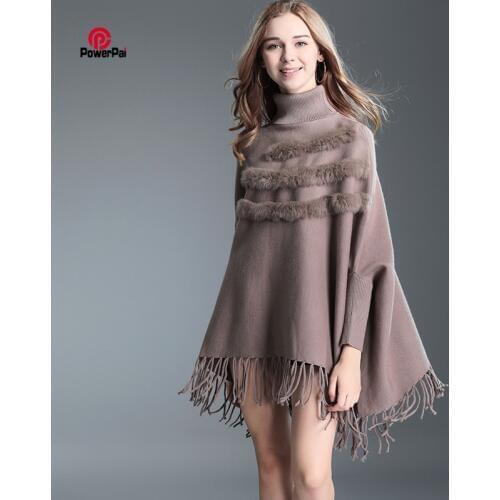 Tassels Core Spun Yarn Stripes Rabbit Fur Pullover Sweater Women Bat sleeve Turtleneck Poncho Cape Autumn Winter Fashion Cloak
