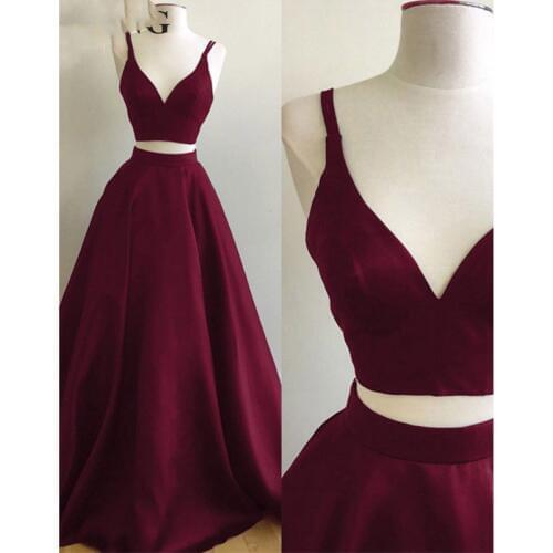 Simple Wine Red Long Two Pieces Prom Dress Crop Top Satin Skirt Burgundy Formal Evening Dresses To Party Vestido Longo De Festa
