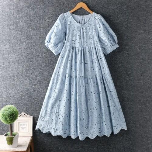 New Summer Women Dresses Japan Style O-Neck Hollow out Sun flower Embroidery Cotton linen Loose Midi Dress