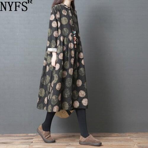 NYFS 2021 New Autumn Woman Dress Vintage Loose Dot Pringting Long Dress Vestidos Robe Cotton Linen Shirt Dress