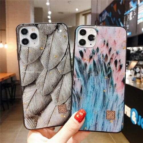 Gold Foil Geometry Marble Bling Flower Feather Phone Case For iPhone 12 Mini 11 Pro XS Max XR X 7 8 Plus SE 2020 Back Cover Gift