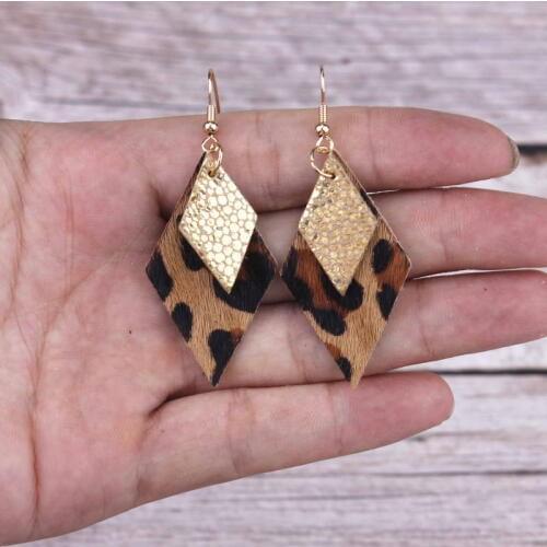 ZWPON Gold Layered Genuine Leather Rhombus Earrings for Women Geometric Metallic Leather Earrings Jewelry Wholesale