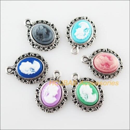 18 New Oval Beauty Mixed Resin Charms Tibetan Silver Tone Pendants 13.5x18mm