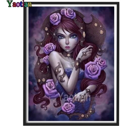 Yaotian 5D DIY Diamond Painting Cartoon girl with purple rose Cross Stitch Kit Full Drill Diamond Embroidery Mosaic Home Decor