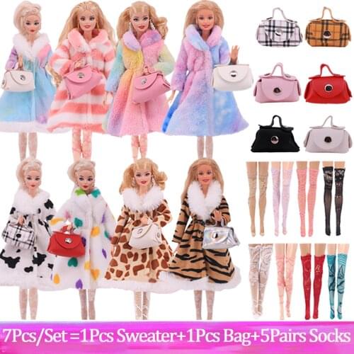 FreeShipping 7Pcs/Set Barbies Clothes=1Pcs Sweater+1Pcs Bag+5Pairs Doll Socks For Barbie Doll 11.8 Inch 30Cm 1/6 BJD Blythe Toy