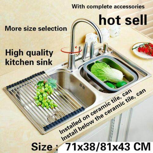Free shipping Deluxe kitchen sink 0.8 mm thick high-end food grade 304 stainless steel double-groove hot sell 71x38/ 81x43 CM