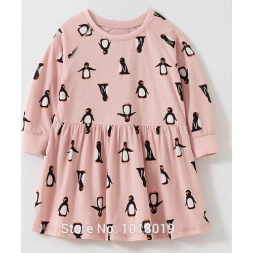 Brand 100% Knitted Cotton Baby Girl Clothes Bebe Kids Pink Dress 2020 Long Sleeve One-pieces Dresses for Girls Cute Penguin Tops
