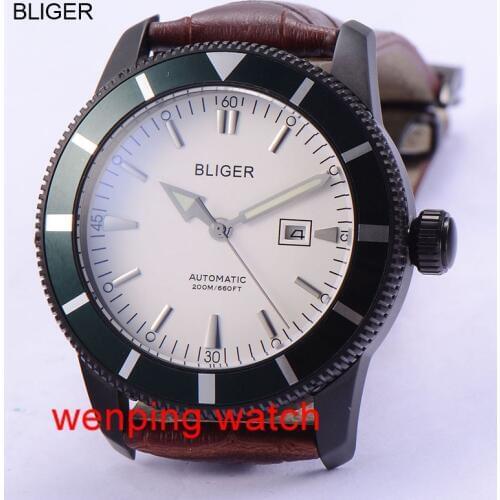 Bliger Watch 46mm bezel white dial with Silver nail date Stainless steel black case Movement Automatic Mens 1790