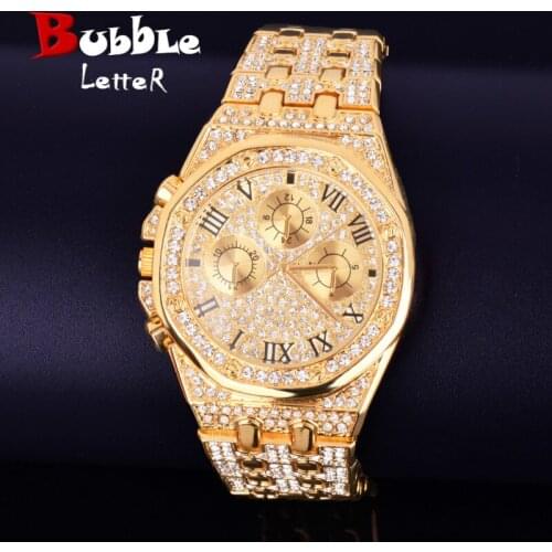 23cm Mens Watch Gold Color Big Dial Military Quartz Clock Luxury Rhinestone Business Waterproof
