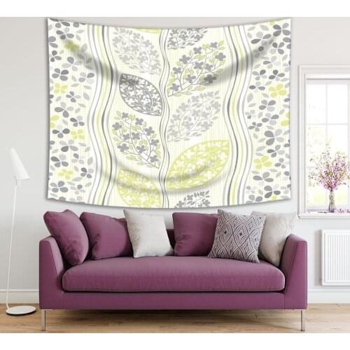 Tapestry Flowers Leaves Branches Pattern Vertical Stripes Vintage Color Artwork Yellow Gray White