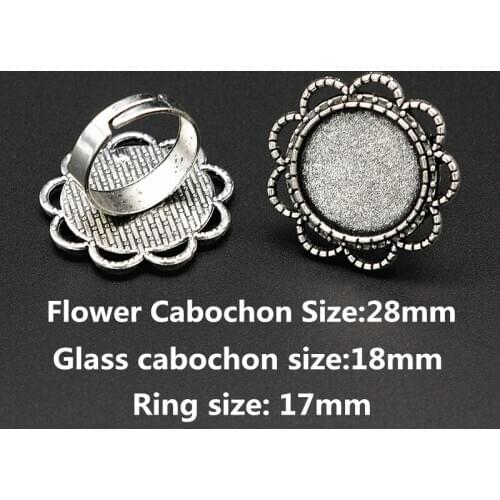 Beauty Hollow flower pattern Silver color Ring Settings Cabochon Base Blank Fit 18mm Glass Cabochons DIY Rings adjustable Making