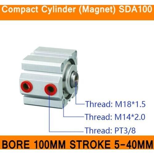 SDA100 Cylinder Magnet Compact SDA Series Bore 100mm Stroke 5-40mm Compact Air Cylinders Dual Action Air Pneumatic Cylinder ISO