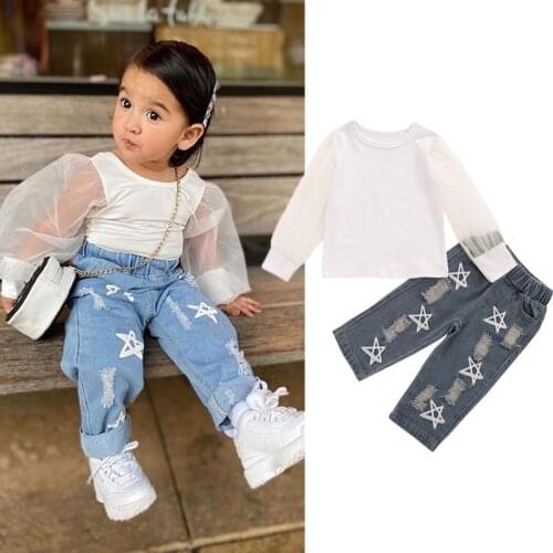 Fashion Toddler 2PCS Clothes Set 2021 Kids Baby Girls Summer Clothes Girl Mesh Blouse Top+Ripped Denim Pants Clothing Suits