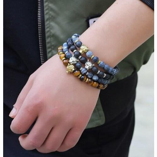 Fashion Gold Silver color Leopard Head Natural Stone Men Bracelet Tiger Eye Volcanic Rocks Bracelets Bangles for Women Jewelry