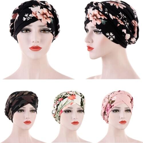 Muslim Women Braid Indian Beanie Hat Scarf Turban Floral Print Headwear Islam Cancer Chemo Hair Loss Bonnet Caps Headwrap Cover