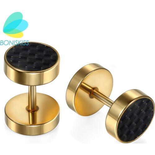 Boniskiss Men Earrings Stainless Steel Gold Stud Earrings Round Carbon Women Earrings Unisex Jewelry Pendientes Brincos