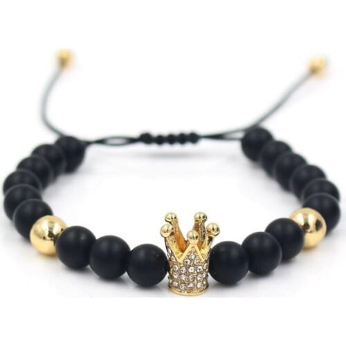 Vintage Fashion Mens Prayer Beads Bracelet 8mm Black Frosted Beads Diamond Crown Braided Bracelet Gift Jewelry