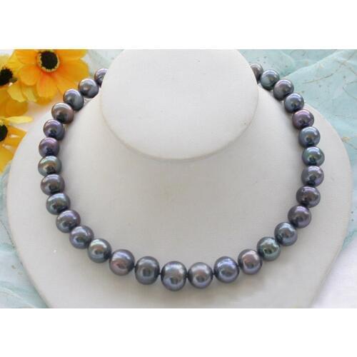 HUGE REAL 17" 13mm ROUND peacock black PEARL NECKLACE