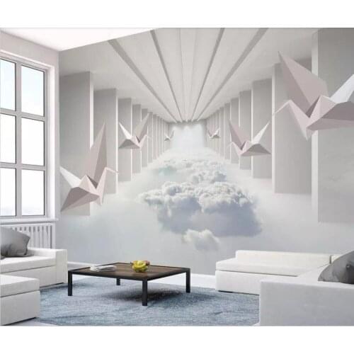 Simple paper cranes abstract space clouds 3d living room background wall painting