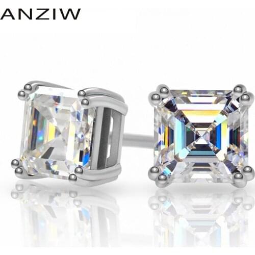 ANZIW 925 Sterling Silver Earrings Asscher Cut 1CT Moissanite Diamond 5.5MM Classic Simple Studs Earring For Ladies Fine Jewelry