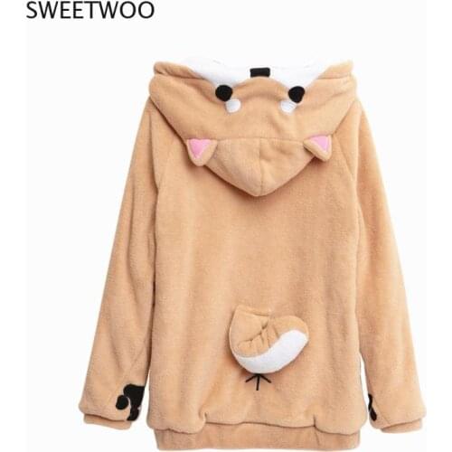 Shiba Inu Doge Kawaii Lovely Velvet Long-Sleeved Hooded Plush Coat Cartoon Anime Style Warm Lady Winter Sweatshirt Christmas