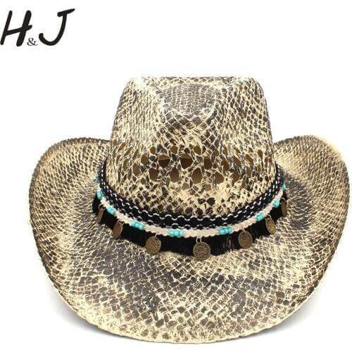 9 Women Men Straw Western Cowboy Hat Handmade Weave Lady Dad Sombrero Hombre Cowgirl Jazz Caps Bohemian Tassel Band Size 56-58CM