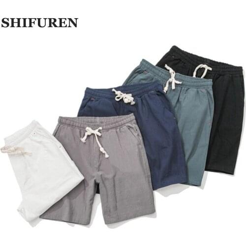 SHIFUREN 2019 Summer New Mens Casual Linen Cotton Shorts Drawstring Breathable Elastic Waist Male Beach Shorts Solid Color