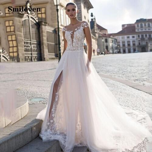 Smileven Beach Lace Wedding Dress Side Split Appliques Bride Dresses Nude Neck Vestido De noiva Wedding Gowns