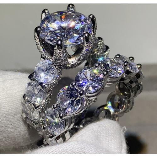 Super Sparkling Luxury Jewelry Big White AAAAA Cubic Zircon 925 Sterling Silver Round Cut CZ Women Wedding Bridal Ring Set Gift