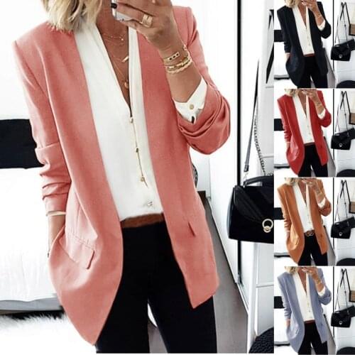 Spring and Autumn Women Casual Fashion Simple Sold Color Neck Stitching Long-Sleeved Suit Jacket Office Ladies Professional Suit
