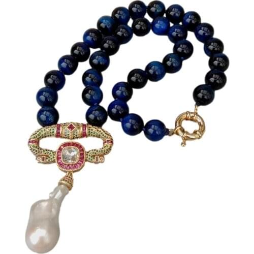 YYGEM Cubic Zirconia Pave White Keshi Pearl Pendant 19" Blue Round Tiger Eye Necklace