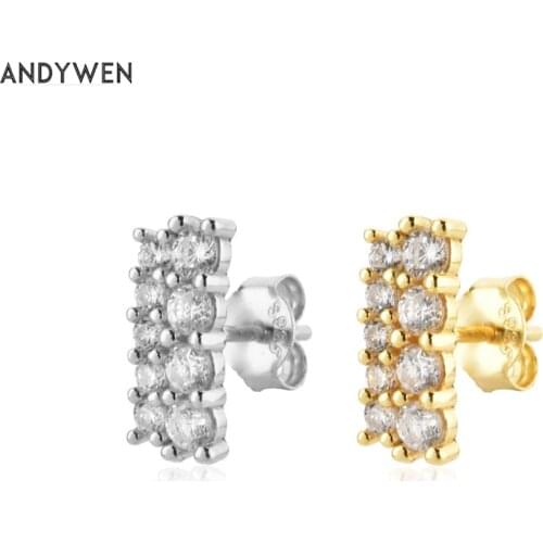 ANDYWEN 925 Sterling Silver Gold Two Line Piercing Zircon CZ Stud Earring Pendientes Clips Women Luxury Jewelry Wedding Gift