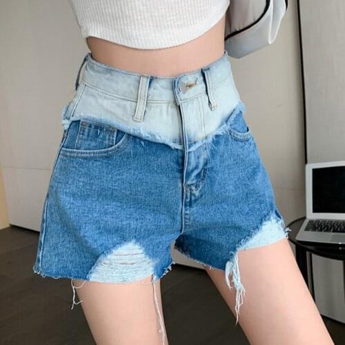 JMPRS Denim Women Shorts Summer Tassel High Waist Blue Jeans Wide Leg Shorts Gradient Color Fashion Ripped Korean Female Jean