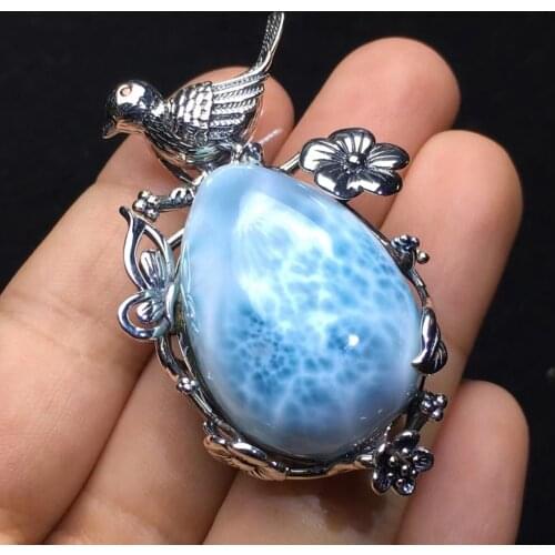 Top Quality 925 Sterling Silver Pear Cut Natural Dominica Larimar Bird Pendant Necklace For Women Party Gift