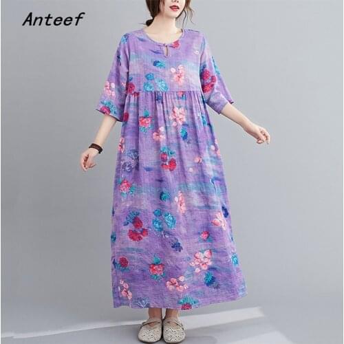 Short sleeve cotton vintage floral dresses for women casual loose long woman summer dress elegant clothes 2021