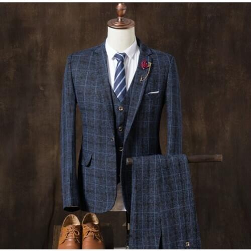 2021 Slim Fit Wedding Tuxedos Navy Blue Plaid Groom Suits Custom Made Groomsmen Best Man Prom Party Suits (Jacket+Pants+Vest)