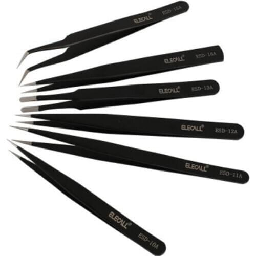 6 Pcs Anti-static ESD Stainless Steel Tweezers Maintenance Tools Industrial Precision Curved Straight Tweezers Repair Tools