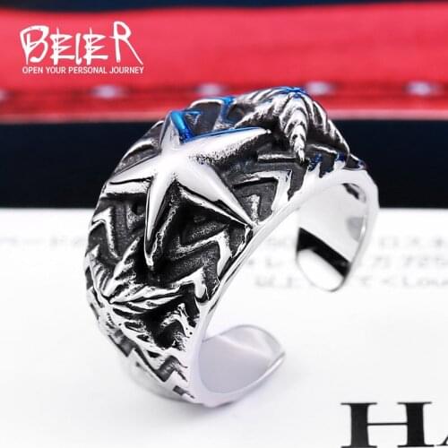 Beier 316L Stainless Steel Punk Big Pentacle Pentagram Ring For Man Fashion Party Biker Jewelry opening ring LLBR8-433R
