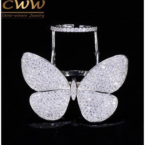 CWWZircons Luxury Cubic Zirconia Micro Paved Big Movable Rings CZ Fashion Butterfly Shape Women Party Jewelry Gift R035