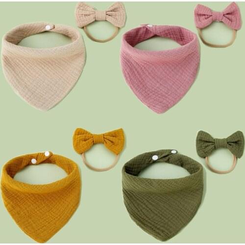 Baby Muslin Bibs Triangle Scarf 100% Cotton Soft Infant Bows Headbands Newborn Slabber Absorbent Cloth Stuff Burp Gift