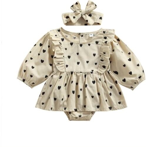 Toddler Long Sleeve Romper Dress with Bow Headband, Lover Heart Pattern Print Ruffle Decoration Spring Clothing