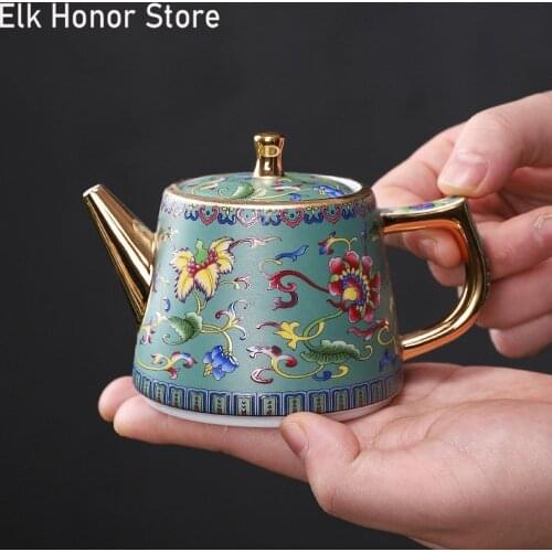 250ml Elegant Porcelain Flower Art Teapot Handmade Beautiful Jade Teakettle Gold-banded Master Pots Overglaze Kung Fu Teaware