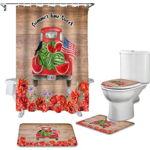 Truck Red Poppies Watermelon Shower Curtain Set Carpet Cover Toilet Cover Bath Mat Waterproof Bathroom Curtain Set