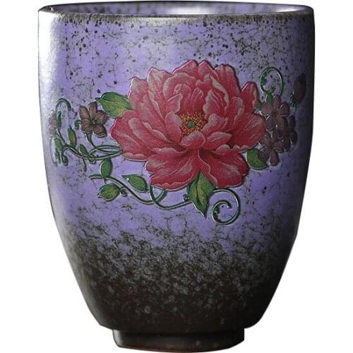 Creative Color Changing Peony Flower Ceramic Cup Retro Coarse Pottery Wate Mug 250ml Large Size Tea Cup Household Coffee Mug